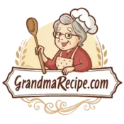 Illustrated logo of GrandmaRecipe.com featuring a smiling grandmother in an apron with kitchen elements